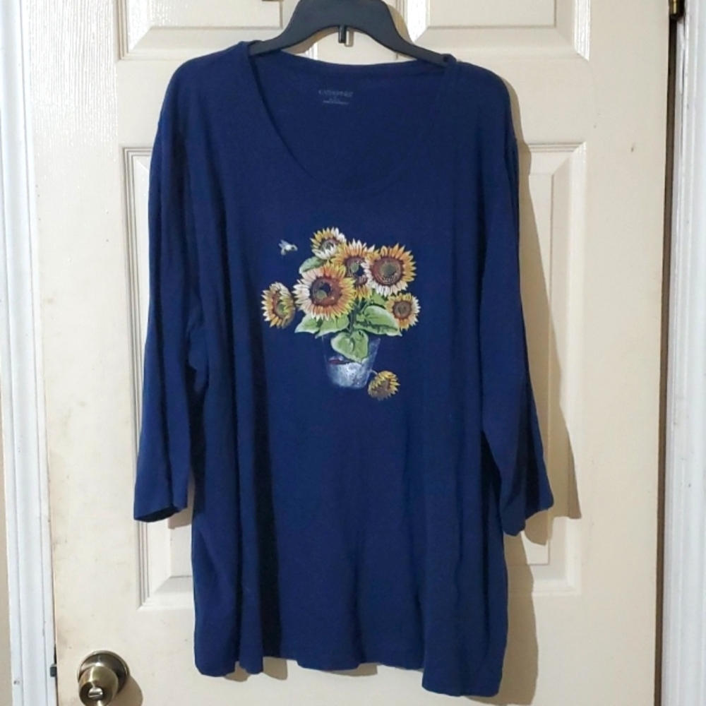 Catherine's Dark Blue 3/4 Sleeves Graphic Cotton Knit Shirt w/ Sunflowers 4X EUC